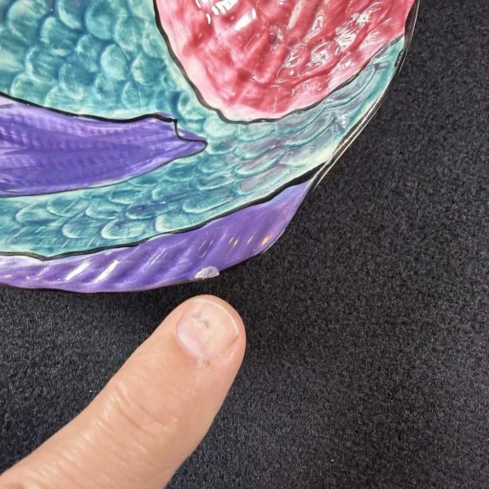 Vintage KOK 1991 Hand Painted Ceramic Fish Wall Hanging Platter Teal Pink Purple